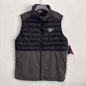 Reebok Mens Partial Puffer Vest‎ L Full Zip Gray Black Pockets Travel Jacket NEW